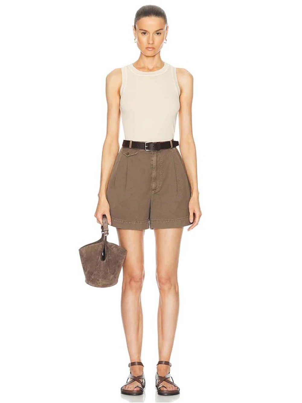 AGOLDE Becker Pleated Twill Trouser Shorts Bark Olive Green Size 25 EUC